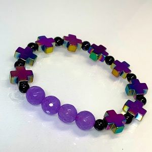 LAVENDER JADE +  HEMATITE CROSS NATURAL BRACELET Size 7” UNISEX